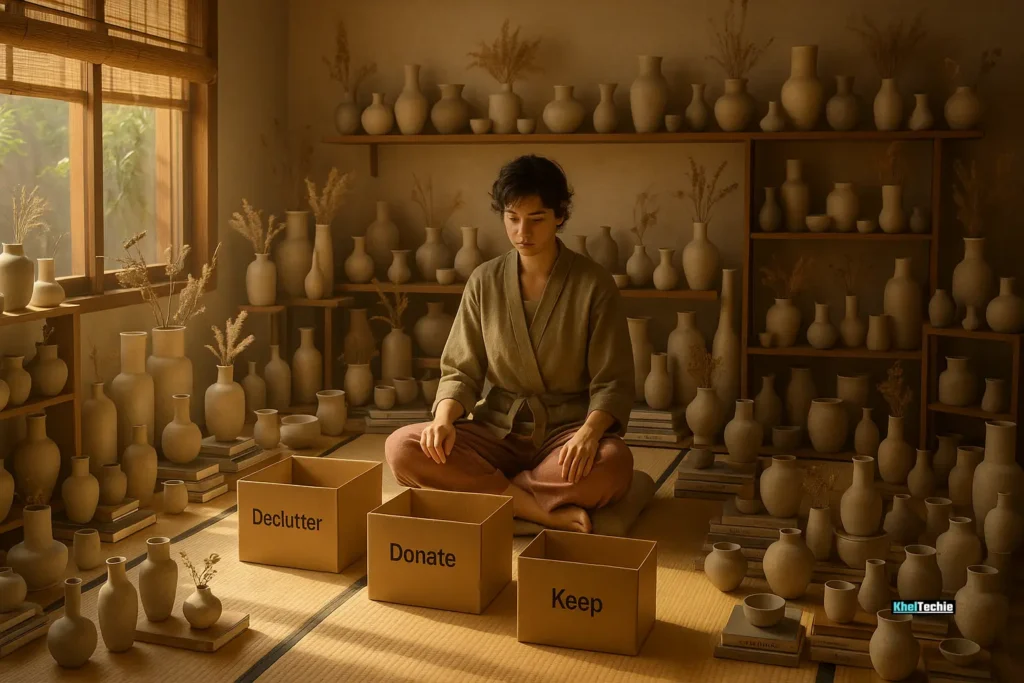 Confused person surrounded by clutter in a Japanese-style room