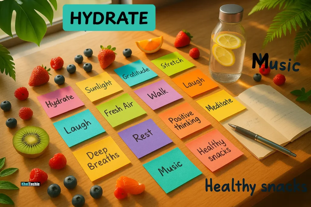 Desk with colorful notes listing natural ways to boost energy
