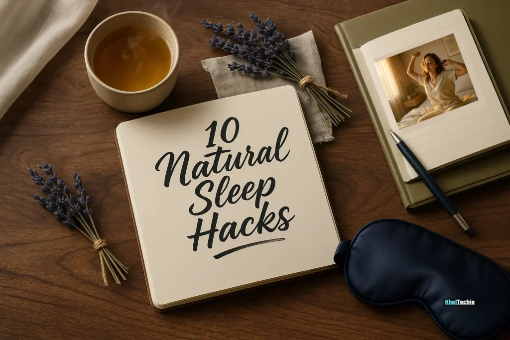 Flat lay with notepad titled “10 Natural Sleep Hacks,” herbal tea, lavender, journal and sleep mask