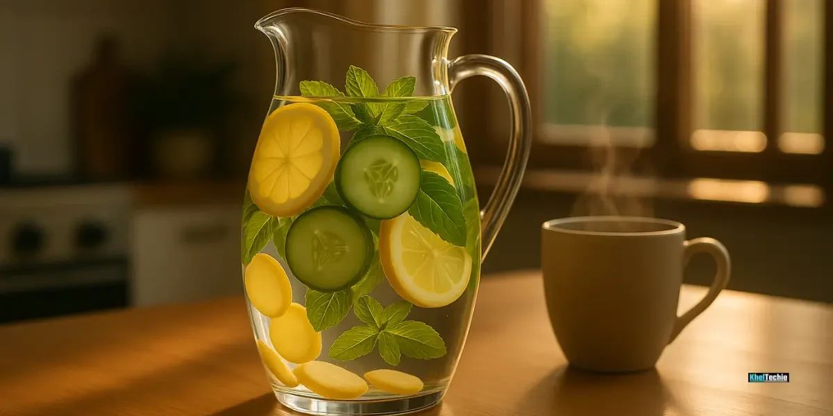 Flat tummy detox water in a glass pitcher with lemon, cucumber, ginger, and mint on a rustic kitchen table