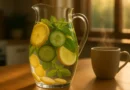 Flat tummy detox water in a glass pitcher with lemon, cucumber, ginger, and mint on a rustic kitchen table