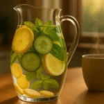 Flat tummy detox water in a glass pitcher with lemon, cucumber, ginger, and mint on a rustic kitchen table
