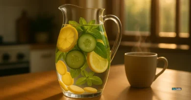 Flat tummy detox water in a glass pitcher with lemon, cucumber, ginger, and mint on a rustic kitchen table