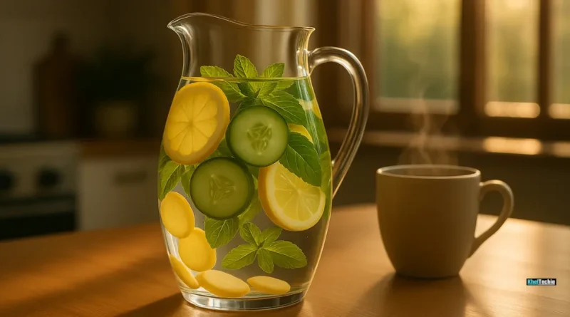 Flat tummy detox water in a glass pitcher with lemon, cucumber, ginger, and mint on a rustic kitchen table