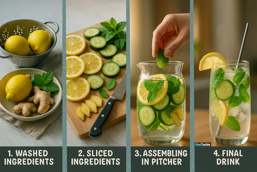 Four steps to make flat tummy water: washing, slicing, infusing, and serving detox drink