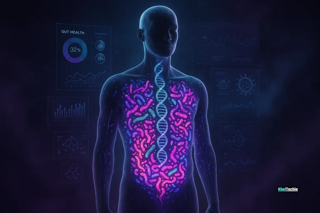 Futuristic digital art showing human gut as glowing network with health data
