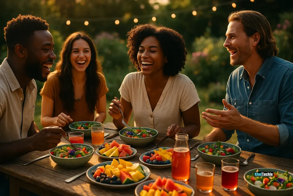 Group enjoying healthy meal outdoors at sunset for gut health inspiration