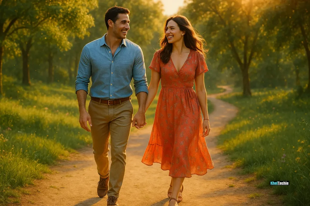 Happy couple walking outdoors embracing balanced life