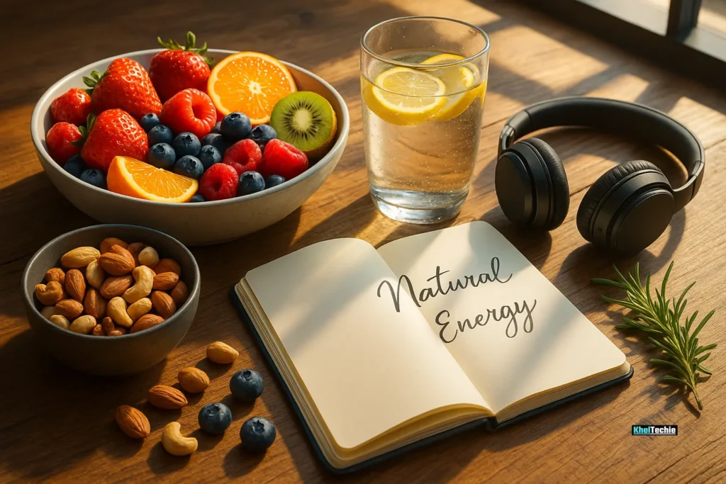 Healthy lifestyle items symbolizing natural ways to boost energy