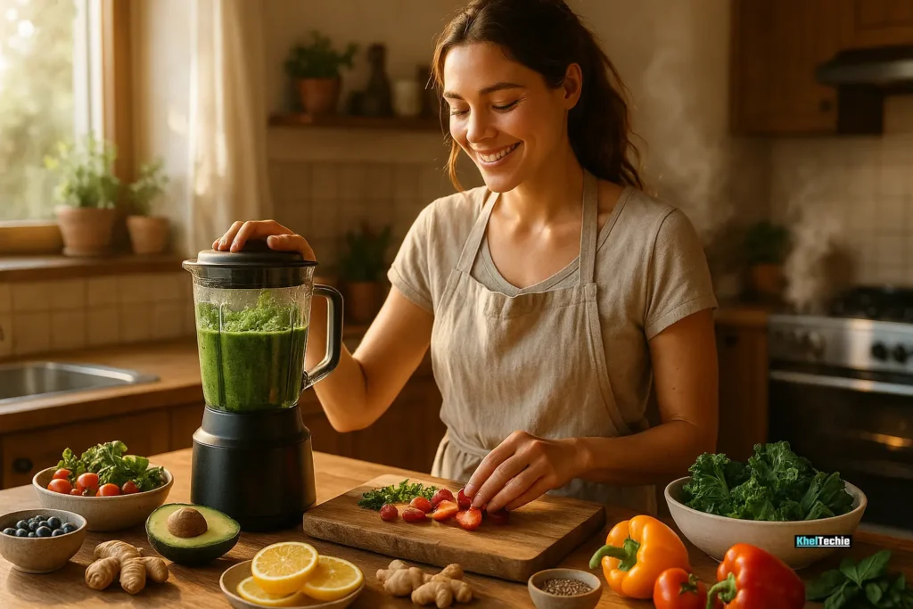 Healthy woman meal prepping vibrant anti-aging foods in a bright modern kitchen