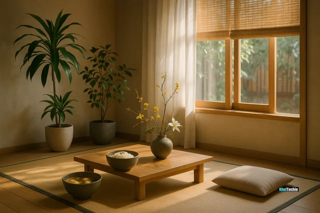 Indoor Japanese space with plants, fresh air, and natural light