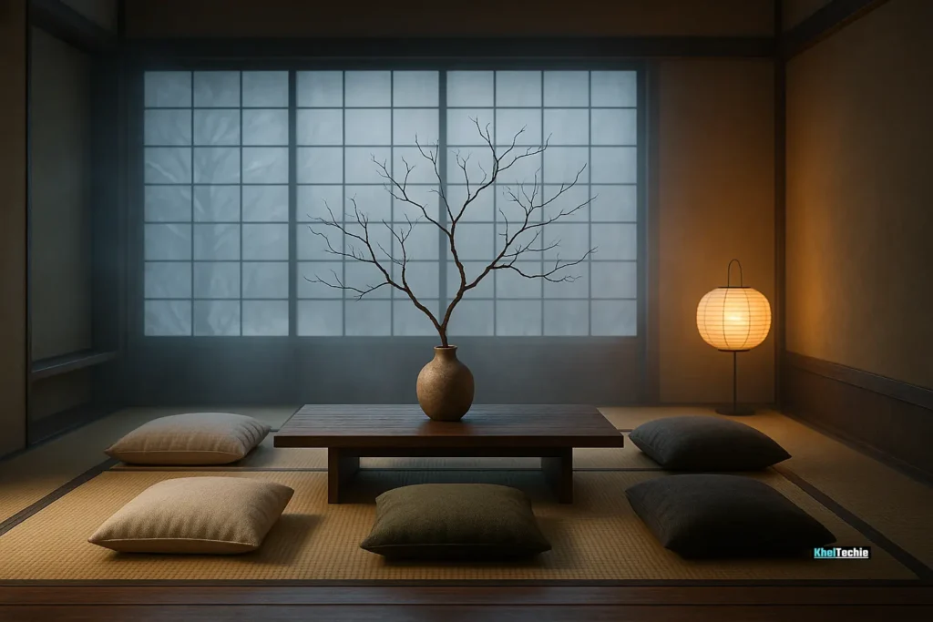 Japanese room with seasonal decor and bare branch in a vase