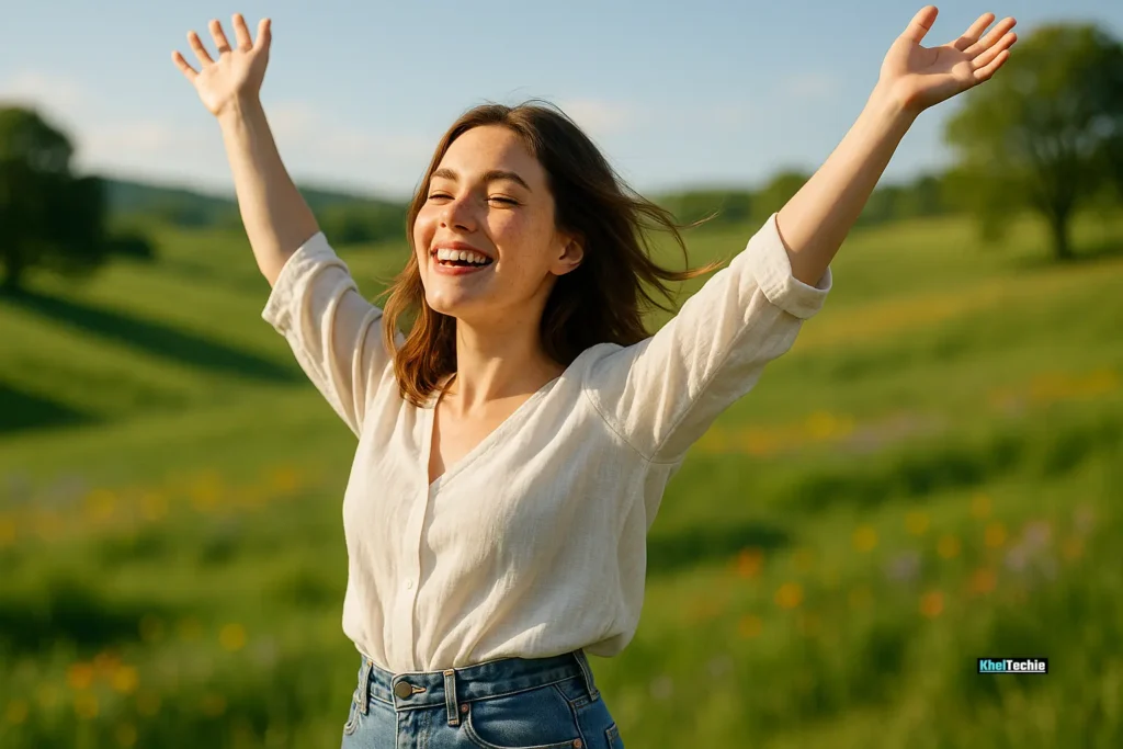Joyful woman outdoors with arms raised, symbolizing natural energy