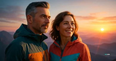 Man and woman over 40 standing on mountain at sunrise, symbolizing midlife reinvention