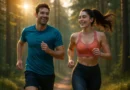 Man and woman running on sunrise trail, joyful, vibrant fitness inspiration