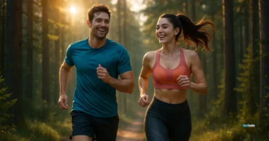 Man and woman running on sunrise trail, joyful, vibrant fitness inspiration