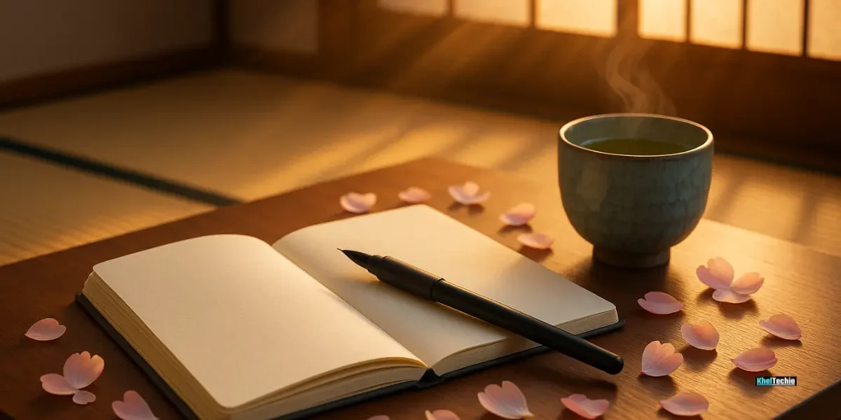 Minimal Japanese journaling setup with open notebook, tea, and cherry blossoms at sunrise