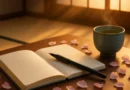 Minimal Japanese journaling setup with open notebook, tea, and cherry blossoms at sunrise