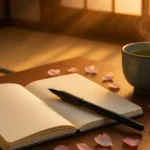 Minimal Japanese journaling setup with open notebook, tea, and cherry blossoms at sunrise