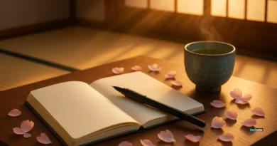 Minimal Japanese journaling setup with open notebook, tea, and cherry blossoms at sunrise