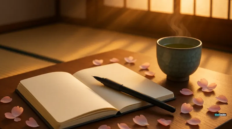 Minimal Japanese journaling setup with open notebook, tea, and cherry blossoms at sunrise