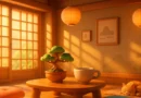 Minimalist Japanese living room with bonsai and shoji screens in soft morning light