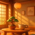 Minimalist Japanese living room with bonsai and shoji screens in soft morning light