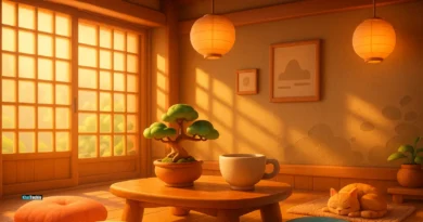 Minimalist Japanese living room with bonsai and shoji screens in soft morning light