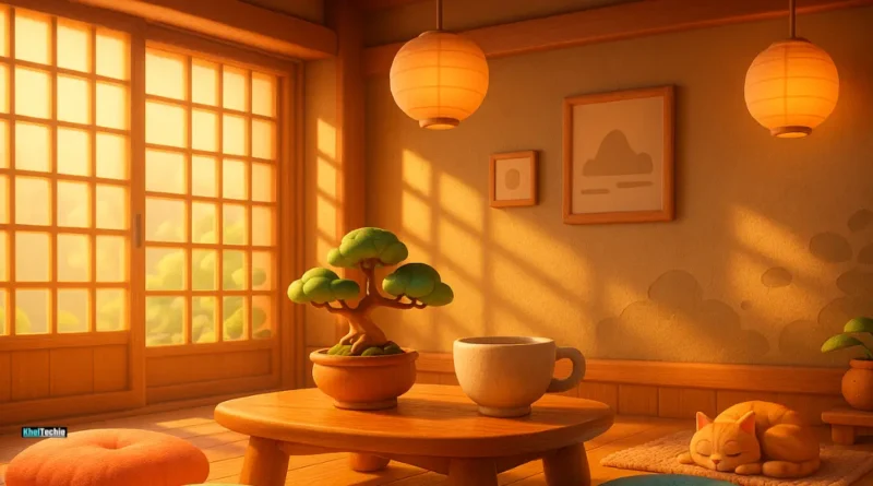 Minimalist Japanese living room with bonsai and shoji screens in soft morning light
