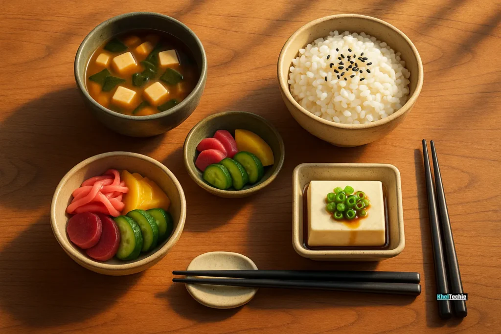Minimalist Japanese meal with miso soup, rice, and pickles on ceramic dishes