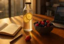 Natural energy and motivation setup with journal, water, fruits, and laptop in sunlit room