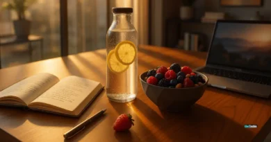 Natural energy and motivation setup with journal, water, fruits, and laptop in sunlit room