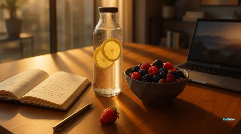 Natural energy and motivation setup with journal, water, fruits, and laptop in sunlit room