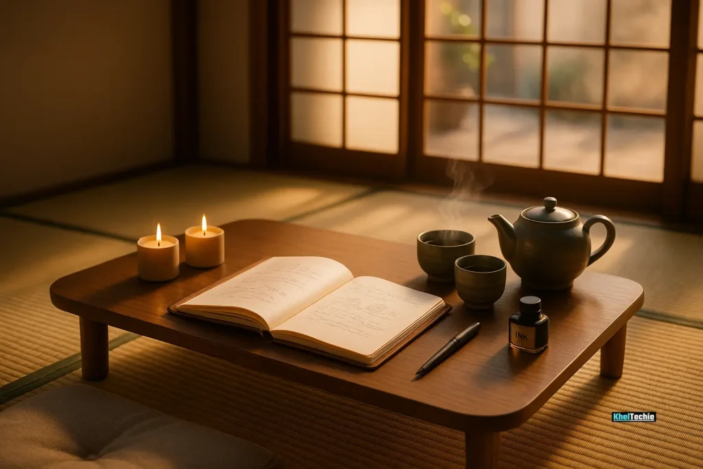 Peaceful Japanese journaling space with tea and candle on tatami mat