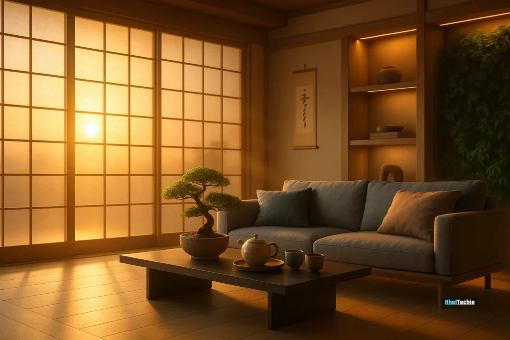 Peaceful Japanese-style living room at sunrise with bonsai and soft natural light — a glimpse of slow living