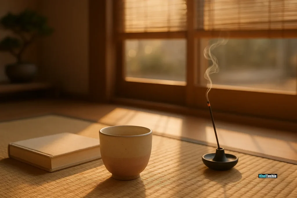 Peaceful Japanese tea corner with incense and golden-hour light