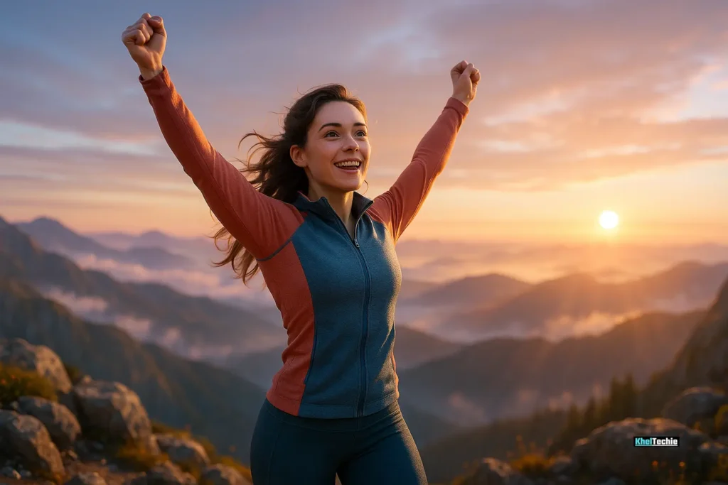 Person celebrating on mountaintop sunrise, symbolizing joy from falling in love with fitness