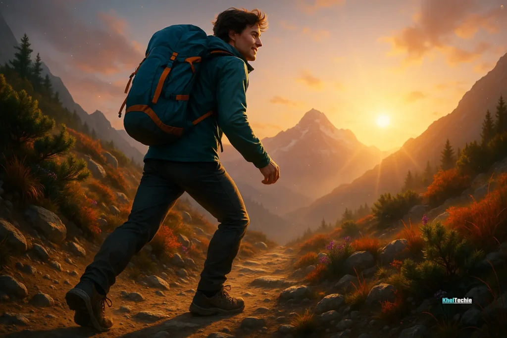 Person hiking toward a sunlit mountain peak symbolizing renewed energy