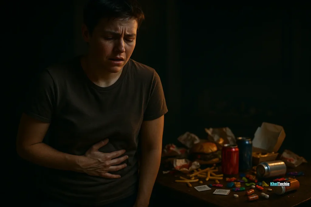 Person holding stomach in pain surrounded by junk food and medications