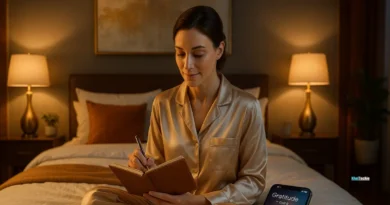 Person journaling gratitude at night in cozy modern bedroom with glowing smartphone app