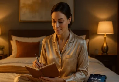 Person journaling gratitude at night in cozy modern bedroom with glowing smartphone app