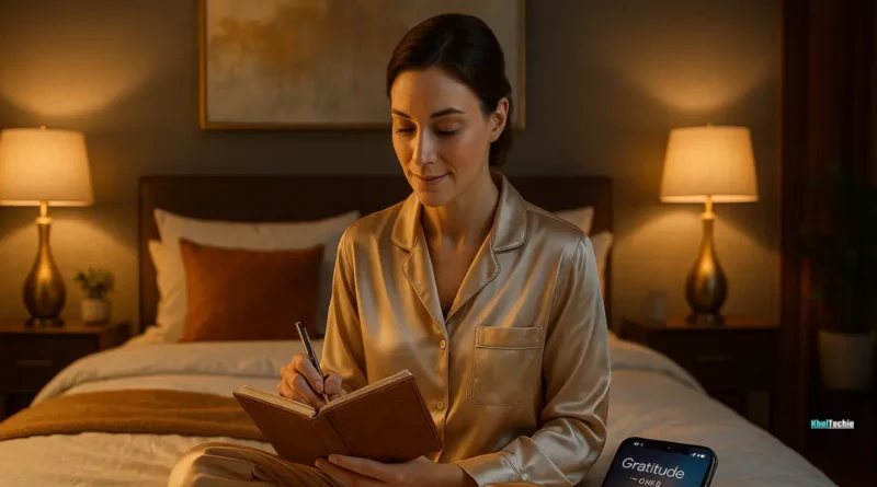 Person journaling gratitude at night in cozy modern bedroom with glowing smartphone app