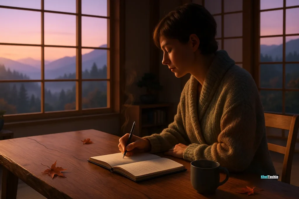 Person journaling in mountain cabin at sunrise with tea and journal