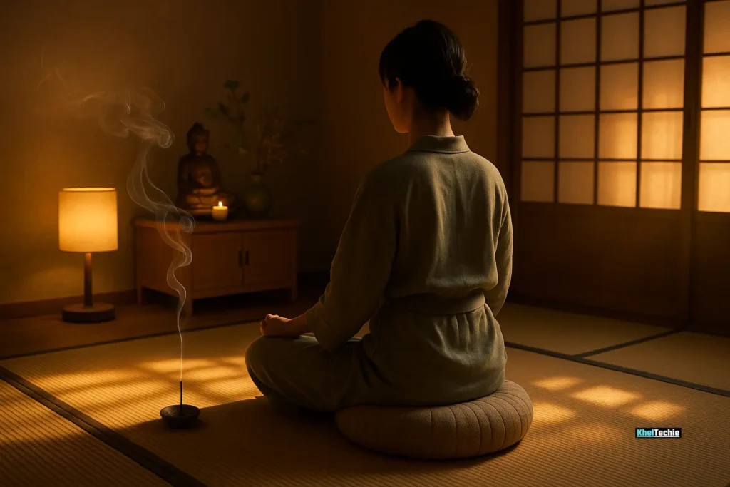 Person meditating in Japanese tatami room with incense smoke