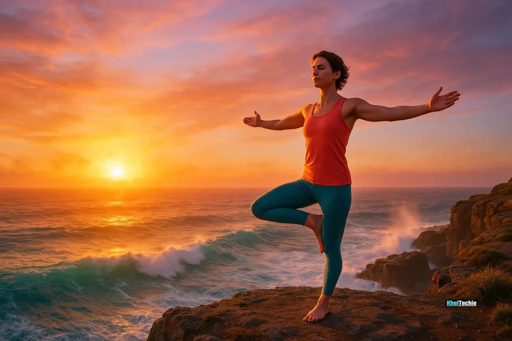 Person practicing mindfulness and yoga at sunrise for mental toughness