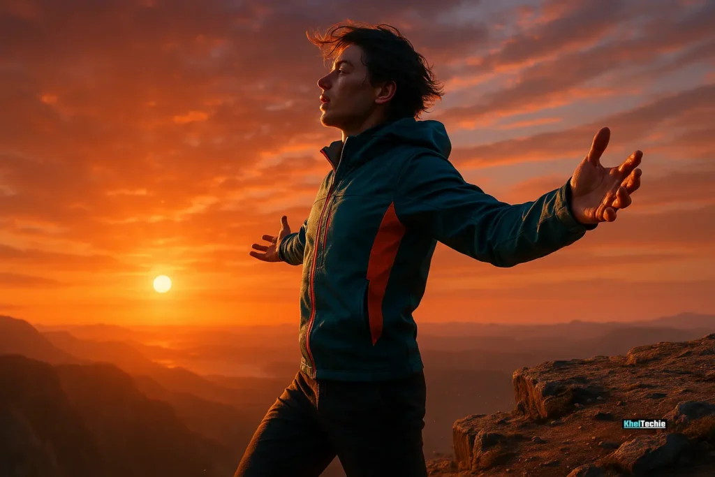 Person standing on cliff at sunset symbolizing mental transformation and resilience