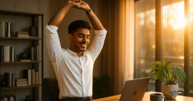 Remote worker stretching in bright home office with sunlight