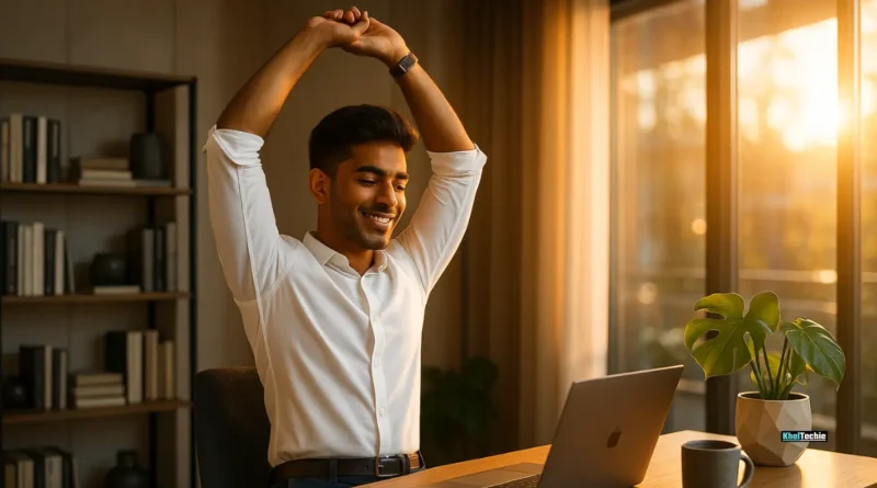 Remote worker stretching in bright home office with sunlight