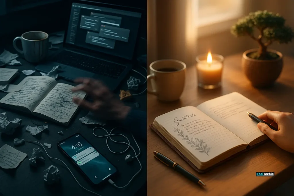Side-by-side of cluttered vs minimalist journaling setups