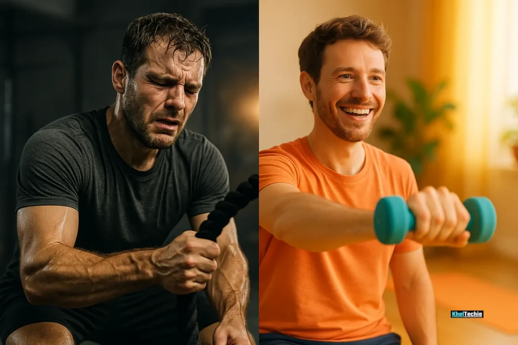 Split image showing extreme fitness burnout vs joyful, balanced workout